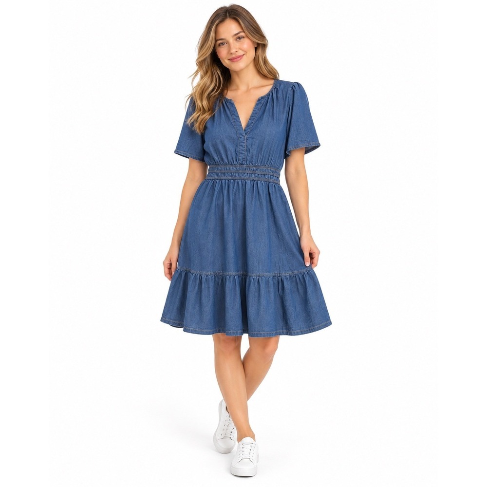 Simplee Denim Mini Dress Womens Large Blue V-Neck Smocked Waist Flutter Sleeve
